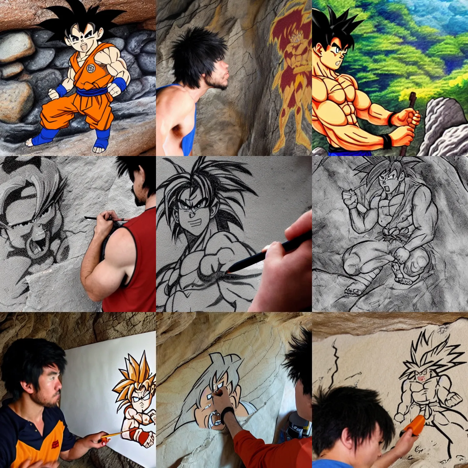 Prompt: a caveman is drawing goku on a cave wall, photo