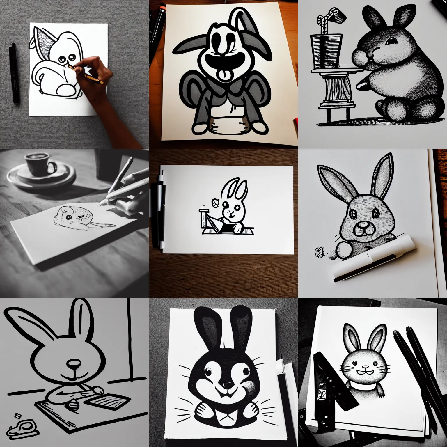 Prompt: a cute happy cartoon rabbit at a desk writing on a paper by mcbess