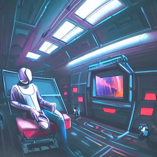 Image similar to a man sitting on a chair with things attached to his head, screens and monitors in front of him playing videos, ship interior, narrow hallway, scifi colors, dramatic lighting, dark, spotlight, surreal, by magali villeneuve