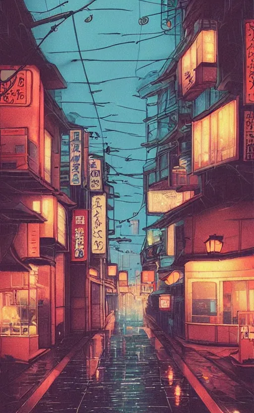 Image similar to night street, rainy day, anime, japan, ghibli, 9 0 s, retro style, aesthetic, chill, room, vintage