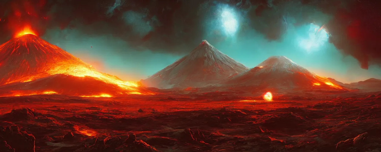 Image similar to ” outer planet with erupting volcanoes, [ art by paul lehr, cinematic, detailed, epic, widescreen, opening, establishing, mattepainting, photorealistic, realistic textures, octane render ] ”