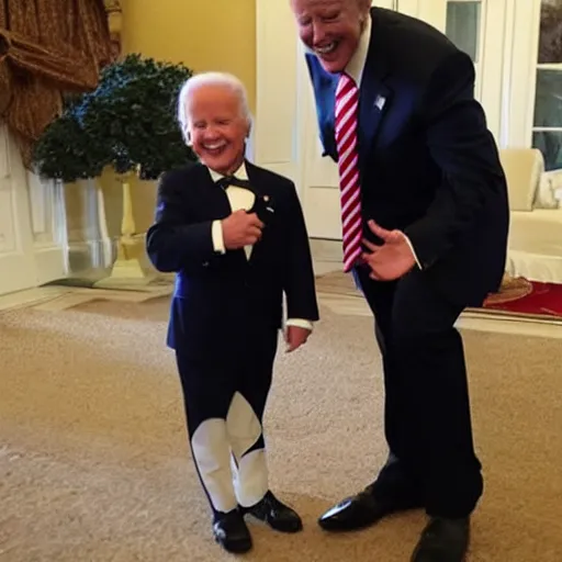 Image similar to tiny donald trump going trick or treating with joe biden, award winning photo