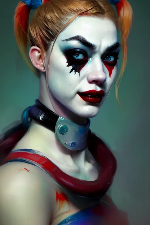 Image similar to ultra detailed close up facial portrait of harley quinn, green eyes, sharp bone structure, extremely detailed digital painting, in the style of fenghua zhong and ruan jia and jeremy lipking and peter mohrbacher, mystical colors, rim light, beautiful lighting, 8 k, stunning scene, raytracing, octane, trending on artstation