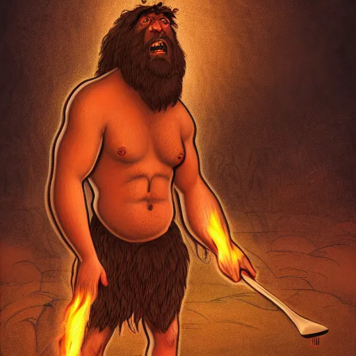 Image similar to caveman is shocked when they first time discovered fire , Unga bunga , illustration , HDR, natural lighting , award winning photograph, 8k, Mucha style,