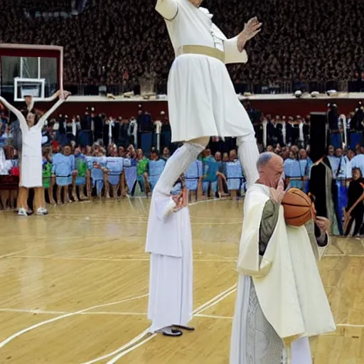 Prompt: pope Francis makes a dunk in the court