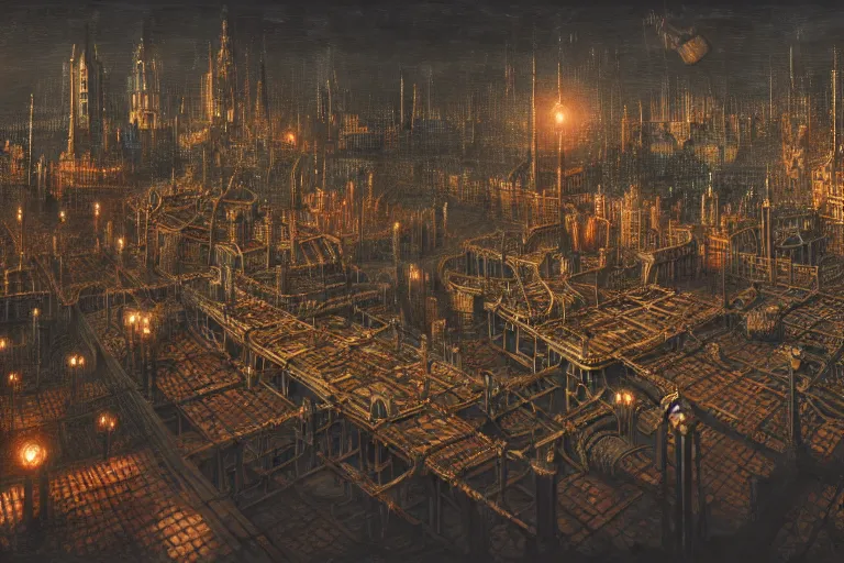 Image similar to an elaborate penned illustration of a apocalyptic intricate connected city of tubes and pipes, muted colors, copper pipers, by jan van haasteren and jheronimus bosch, unreal engine, physically based rendering, ariel view, tilt - shift, grim, moody, shiny, reflective, cinematic