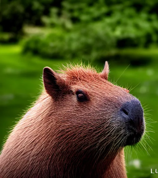 Image similar to award winning 5 5 mm close up portrait color photo of a capybara with pink slime oozing out of its nose, in a park by luis royo. soft light. sony a 7 r iv