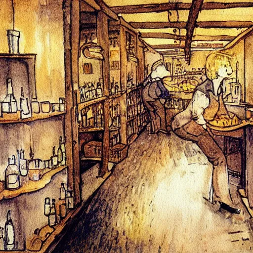 Image similar to hot blonde working in a wine cellar, food, pork, beer, schnapps, rustic, traditional, torches on the wall, watercolor by carl larsson