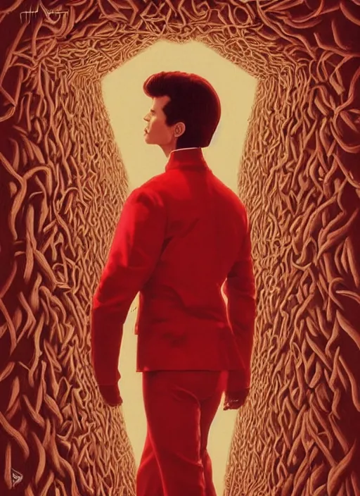 Image similar to twin peaks poster art, portrait of david bowie lost in the labyrinth of the red room, other dimension, this is his fate for the next two years, by michael whelan, rossetti bouguereau, artgerm, retro, nostalgic, old fashioned