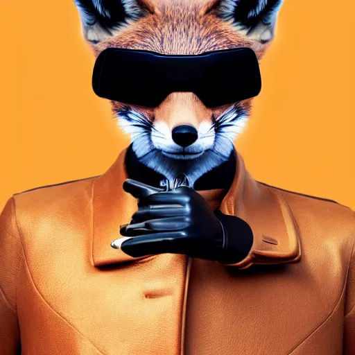 Prompt: portrait of an anthropomorphic male fox with futuristic sunglasses, wearing a black leather jacket, smoking a cigar in the middle of a busy cyber punk commercial district, digital art