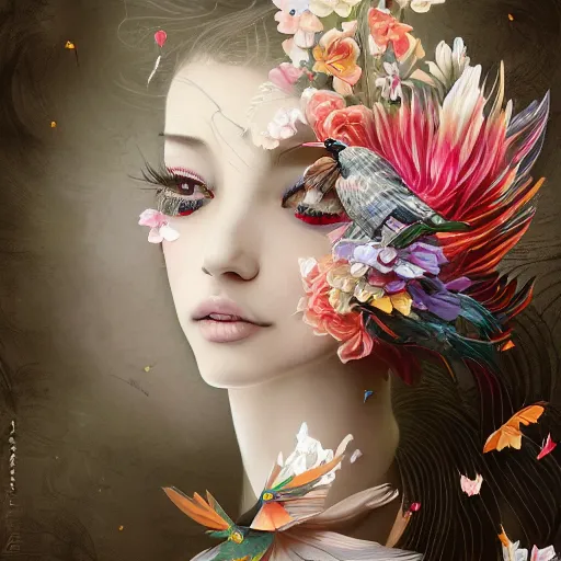 Image similar to 3 / 4 view of a beautiful girl wearing an origami dress, eye - level medium shot, fine floral ornaments in cloth and hair, hummingbirds, elegant, by eiko ishioka, givenchy, banksy, by peter mohrbacher, centered, fresh colors, origami, fashion, detailed illustration, vogue, japanese, reallusion character creator