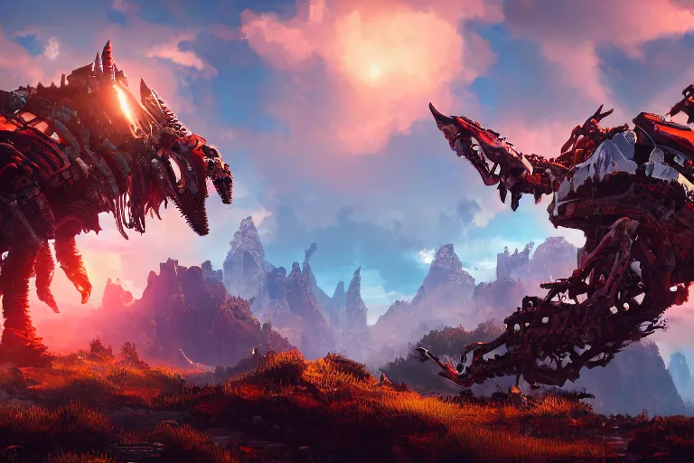 Image similar to grimhorn fanghorn machine mecanical creature robot of horizon forbidden west horizon zero dawn bioluminiscence global illumination ray tracing hdr fanart arstation by ian pesty and alena aenami artworks in 4 k