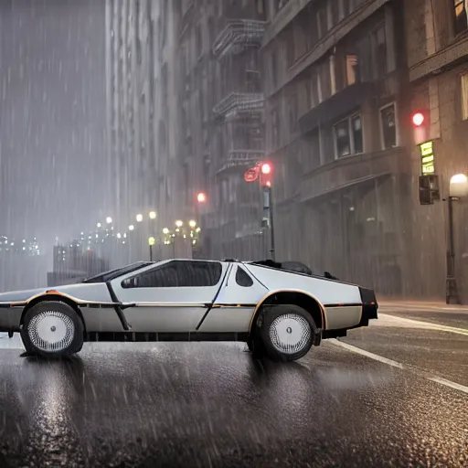 Image similar to hyperdetailed, photorealistic photograph of a dmc 1 2 delorean driving in the streets, rain, night, dense fog, hd, unreal engine 5