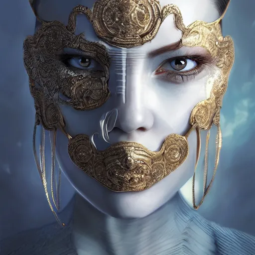 Image similar to Very very very very highly detailed epic photo of face with venetian mask, intricate, dystopian, sci-fi, extremely detailed, digital painting, artstation, concept art, smooth, sharp focus, illustration, intimidating lighting, incredible art by Artgerm and Tokujin Yoshioka and Anton Pieck