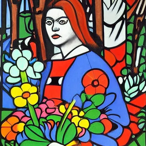 Image similar to In the painting Vasilisa can be seen standing in the forest, surrounded by animals. She is holding a basket of flowers in one hand and a spindle in the other. Her face is turned towards the viewer, with a gentle expression. In the background, the forest is depicted as a dark and mysterious place. constructivist by Romero Britto amorphous, lines