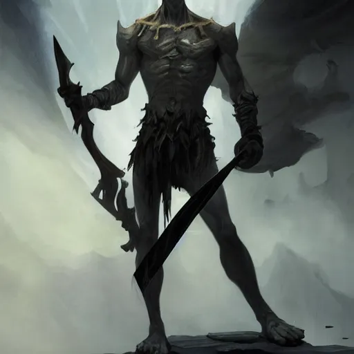 Prompt: fantasy painting of a pale man with a black blade covered in runes, painted by Bayard Wu, ultra detailed, 8k