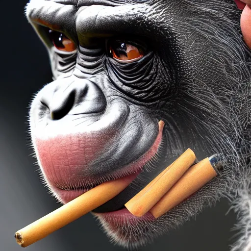 Image similar to a high detail closeup shot of a chimp wearing a suit 👔,and smoking a cigarrette🚬, cgcosiety, artstation, unreal engine, realism