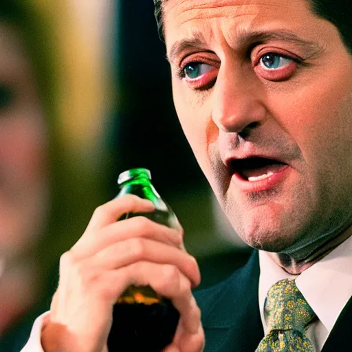 Prompt: Former House Speaker Paul Ryan and an empty bottle. CineStill