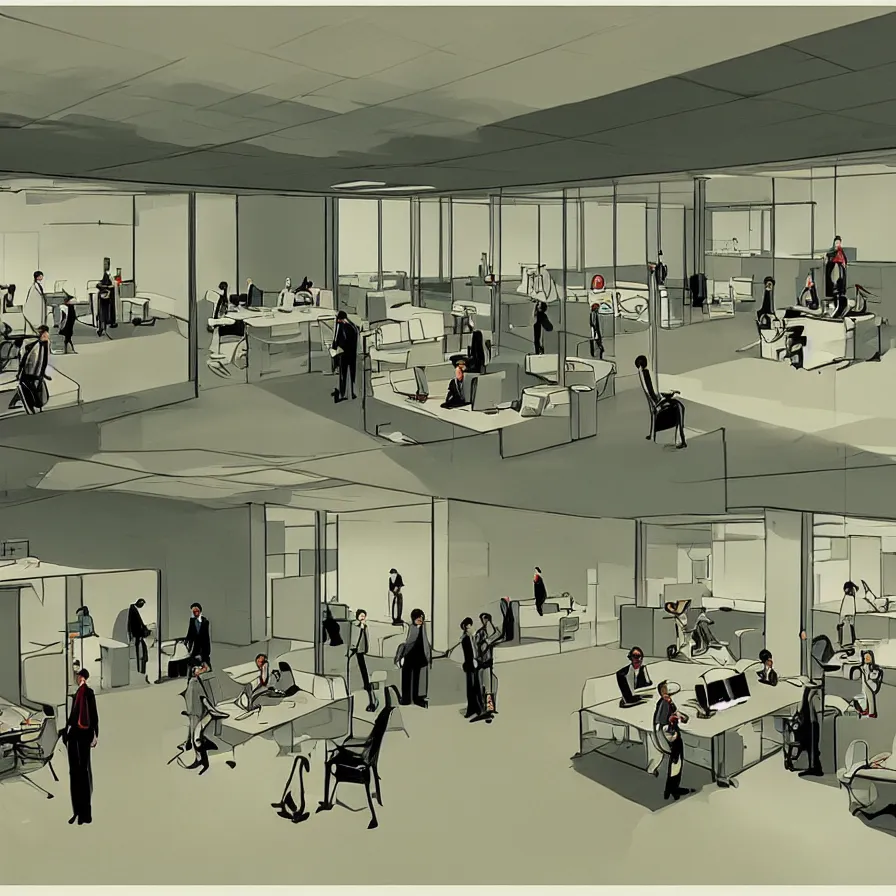 Image similar to concept art of severance indoor office scenario, in a film of jacques tati