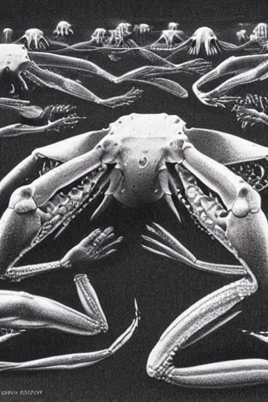 Image similar to A vintage scientific illustration from the 1970s of humans forming a giant crab with their bodies by Zdzisław Beksiński