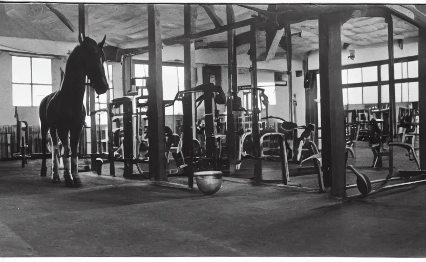 Prompt: strong cart horse with big muscles in a gym, photograph, strong, 1 8 5 0 s, 1 9 8 0 s