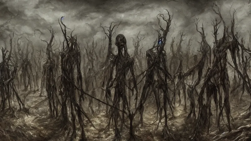 Prompt: dark detailed landscape, chilling overwhelming blood oil painting, brutal fantasy hell of unknown creatures, dreadful and creepy lifeless skinny slendermen