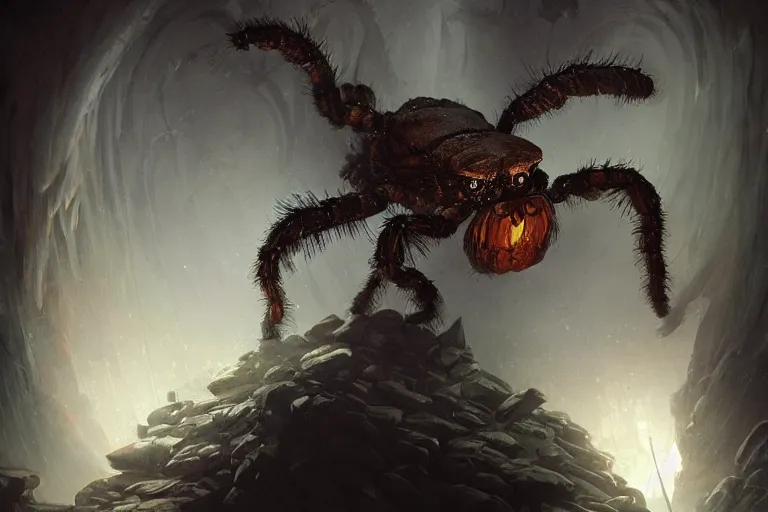 Prompt: a close - up view of a monstrous tarantula in a dark foreboding tunnel, with cobwebs, one man exploring, in the style of peter mohrbacher, dramatic lighting, atmospheric, low angle, wide angle, hyper - realistic, concept art, highly detailed digital painting, trending on artstation