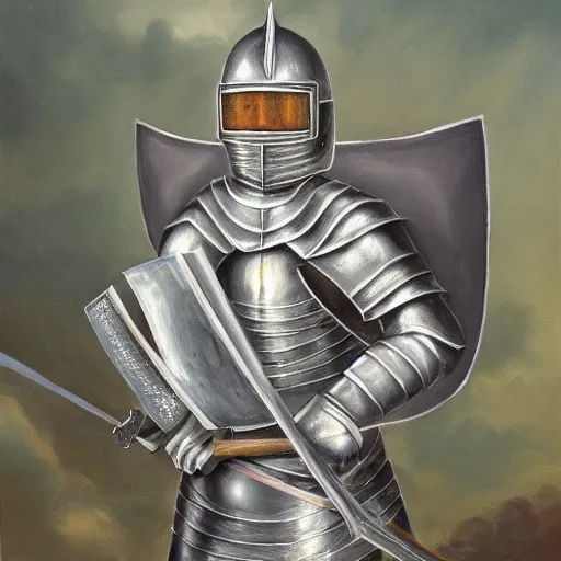 Prompt: grey tabby cat dressed as a knight in shining armor with sword and shield oil painting