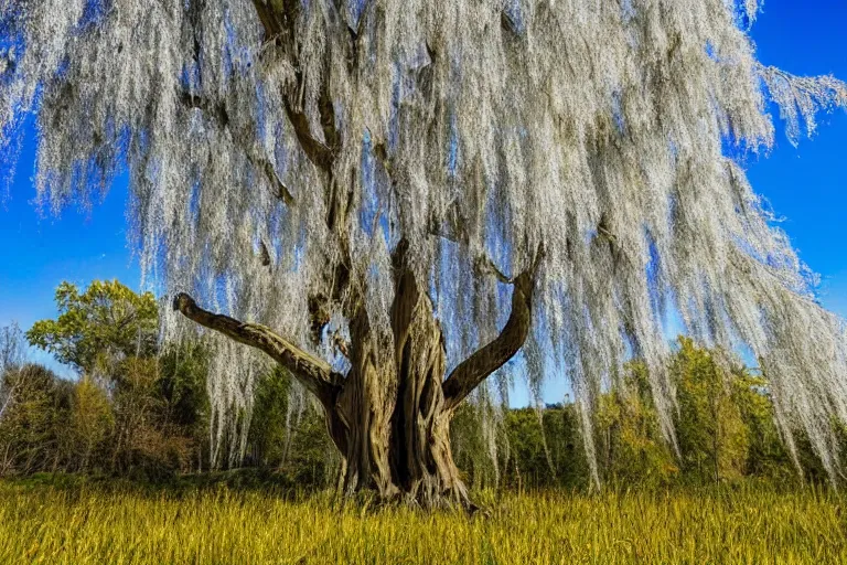 Prompt: A 2000 year old Weeping willow tree, on a center of an amazing spring field, hyperrealistic, hyper detailed, smooth light, birds in the sky, wide angle lens,