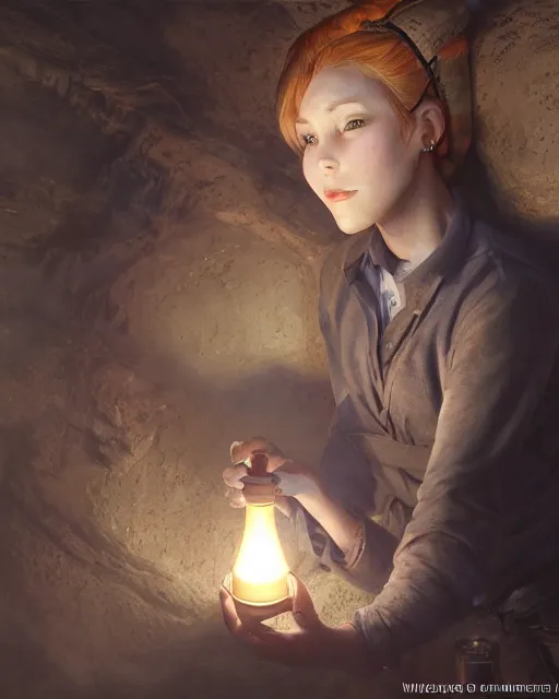 Prompt: a beautiful coalminer woman in a mine lit by kerosene lamps, pioneer work, ambient cave lighting, detailed face, by makoto shinkai, stanley artgerm lau, wlop, rossdraws