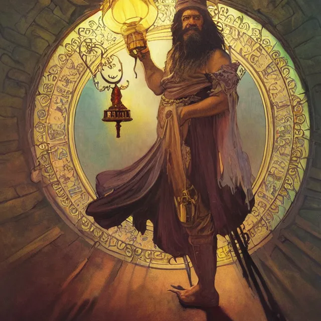 Image similar to an aesthetic! a detailed portrait of a man in a long beard, with a crown, holding a lantern with piles of gold in the background, by frank frazetta and alphonse mucha, oil on canvas, art nouveau dungeons and dragons fantasy art, hd, god rays, ray tracing, crisp contour lines, huhd