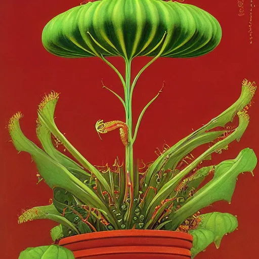 Image similar to Portrait of a Venus Flytrap Gentleman Venus Flytrap disguised as a human standing atop a red clay pot octavio ocampo jacek yerka winslow homer norman rockwell inio asano noctograph