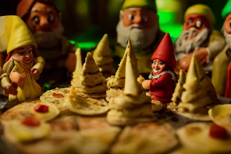 Prompt: movie scene portrait closeup, real life team of tiny gnome people building a tiny cathedral made of pizza in the forest neon lighting by emmanuel lubezki