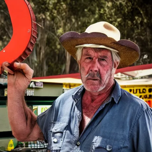 Prompt: john jarrat as mick taylor from wolf creek at a bunnings sausage sizzle, photorealistic, good lighting, award winning photograph