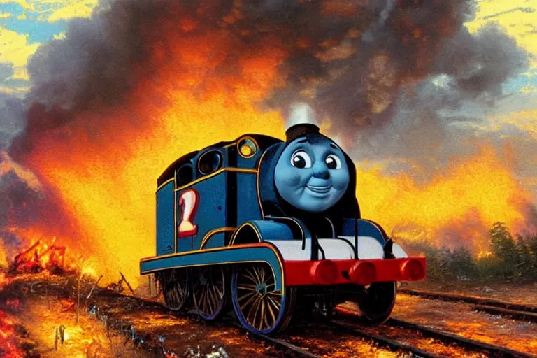 Prompt: thomas kinkade painting of thomas the tank engine on fire at high speeds