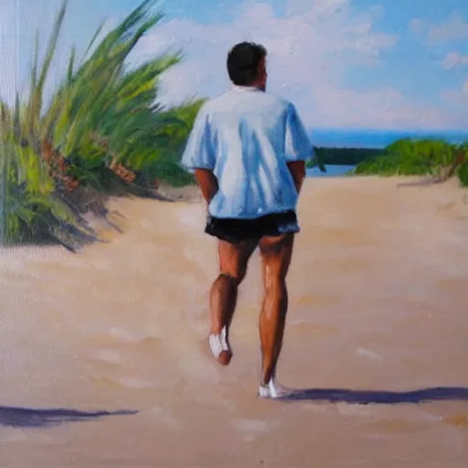 Image similar to a man walking in a sunny day in the beach with black shorts, oil painting