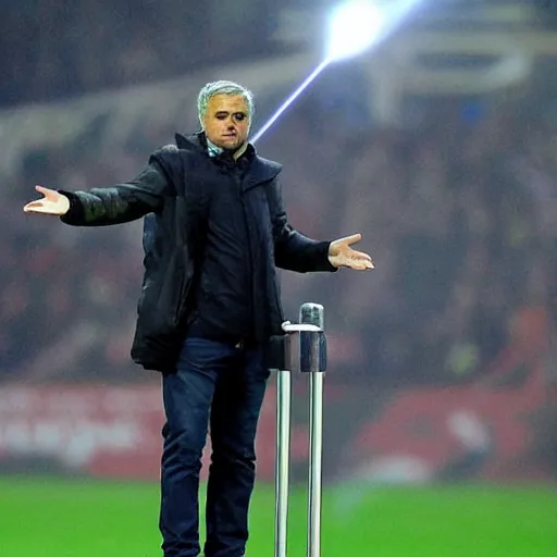 Prompt: close photograph, jose mourinho flying in the sky shooting lasers