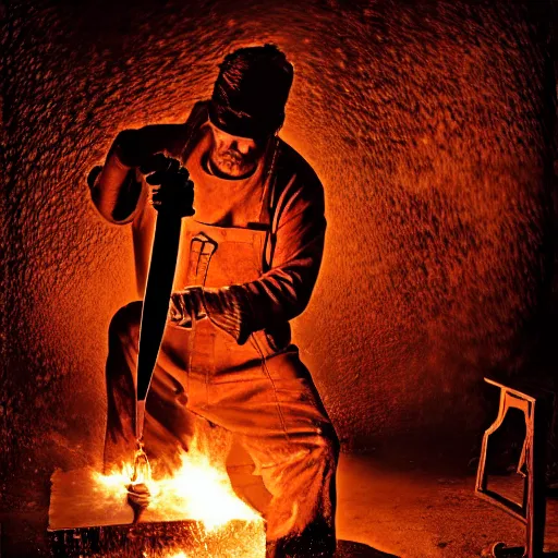 Prompt: A blacksmith creating a magical sword in a furnace, sparks and embers flying, intense heat, professional photographer, 50mm lens, studio lighting, Award-Winning, No blur, highly detailed, intimate, close up, art by Michael Whelan