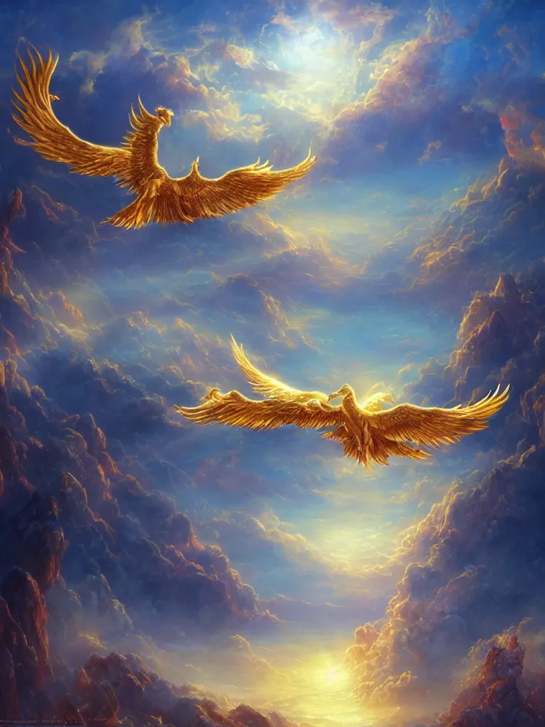 Prompt: A golden phoenix soaring in the clouds, A beam of holy light hits the phoenix，fantasy matte painting，Illustrations， rich colors, high details，light effect，by Fenghua Zhong and Thomas Kinkade,trending on cgsociety and artstation，8kHDR，