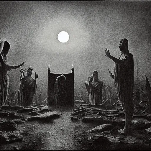 Prompt: evil baptism, ritual, in the middle of a graveyard, full moon sorcery, detailed, crisp, wild agony, award - winning, dangerous, 8 k, cinematic lighting, beksinski, bradley, otherworldly, andre le notre, psychedelic, 1 9 6 0 s, ussr