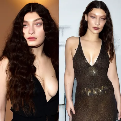 Prompt: lorde and bella hadid hybrid, wearing bodysuit