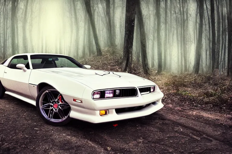 Image similar to reflective white pontiac firebird with kittens drawn on it, dramatic, cinematic, forest, volumetric lighting