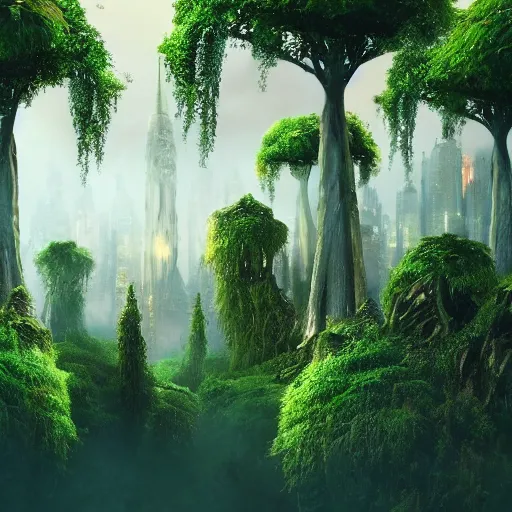 Prompt: fantasy natural city in the trees
