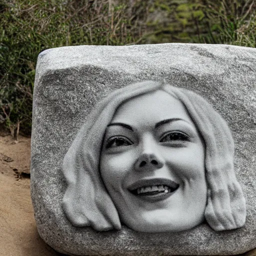 Prompt: big rock solid stone with the emerging face of emma stone buried inside the stone rock