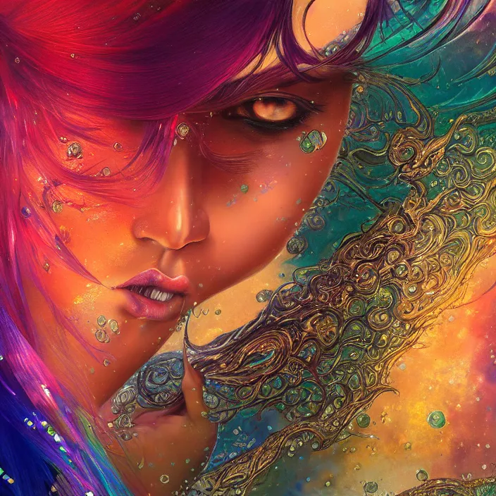 Image similar to ultra detailed illustration of a angry indian anime girl, skin covered in a sea of iridescent liquid, chrome metal material, lost in a dreamy oriental realm by Karol Bak, Moebius, hiroshi yoshida, Druillet, xsullo, colorful, front view, vivid colors, 8k, coherent, anime vibes, uplifting, magical composition, artstation, synthwave, 8k, coherent, artgerm, uplifting, unreal engine, magical composition, artstation