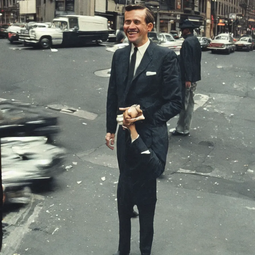 Image similar to portrait of a happy man in a suit in the streets of new york, 1 9 6 0 s, colour film street photography, photo taken with ektachrome, featured on flickr, photographed on damaged film