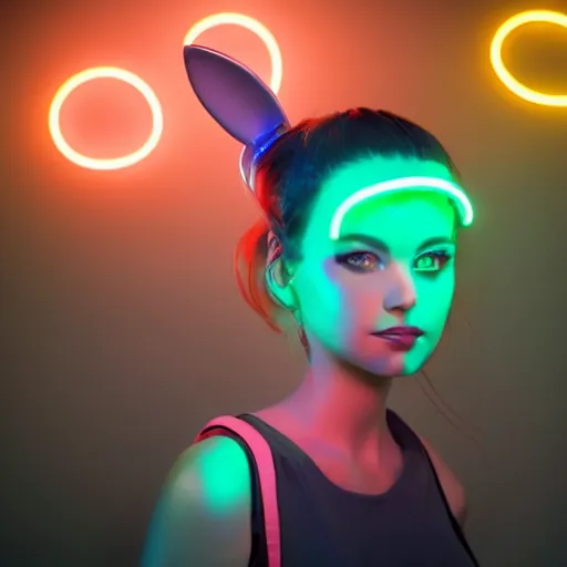 Image similar to portrait of a cute young woman with robot ears and eyes, 4k, sharp focus, neon colored fluorescent lighting, jordan grimmer