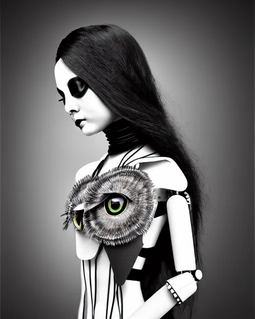 Prompt: surreal mythical dreamy dark artistic black and white fine art 3 / 4 fashion portrait photo of a young beautiful delicate female robot - owl with orchid - doll face, rim light, cinematic, studio dramatic light, poetic, masterpiece, octane render, 8 k, photo - realistic by gustave dore hg giger