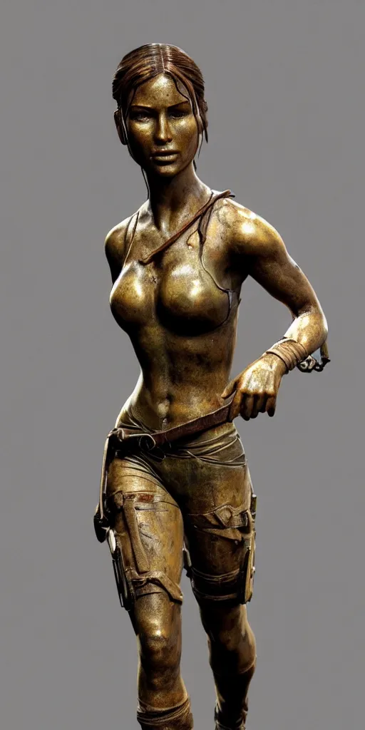 Prompt: detailed photo of an old bronze patina statue of beautiful lara croft, full body portrait, photorealism, various poses, intricate detail, museum diffuse lighting