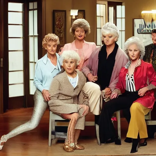 Image similar to hugh jackman as the characters in the golden girls TV show, 8K, highly detailed, photo realistic